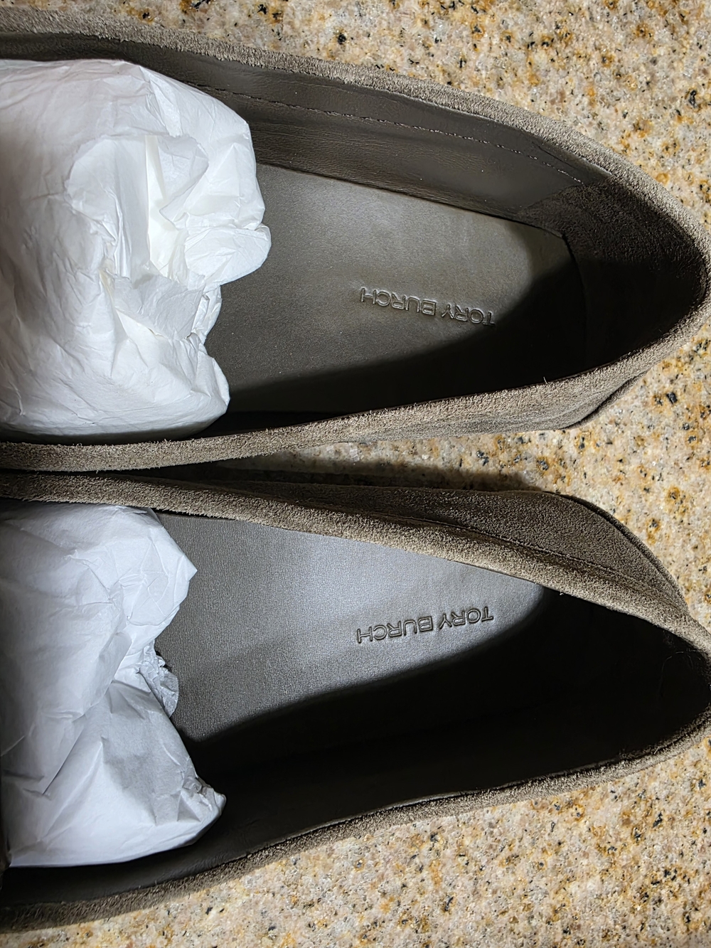 Tory Burch Taupe/Olive Suede Logo Moccasin Loafers - Picture 3 of 11